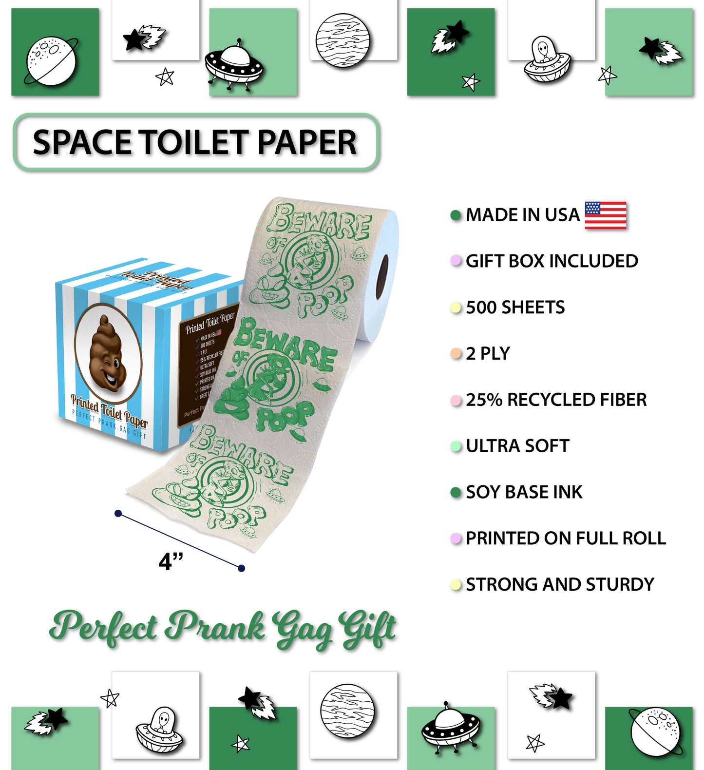 Printed TP Beware of Alien Poop Printed Toilet Paper Funny Gag Gift – 500 Sheet
