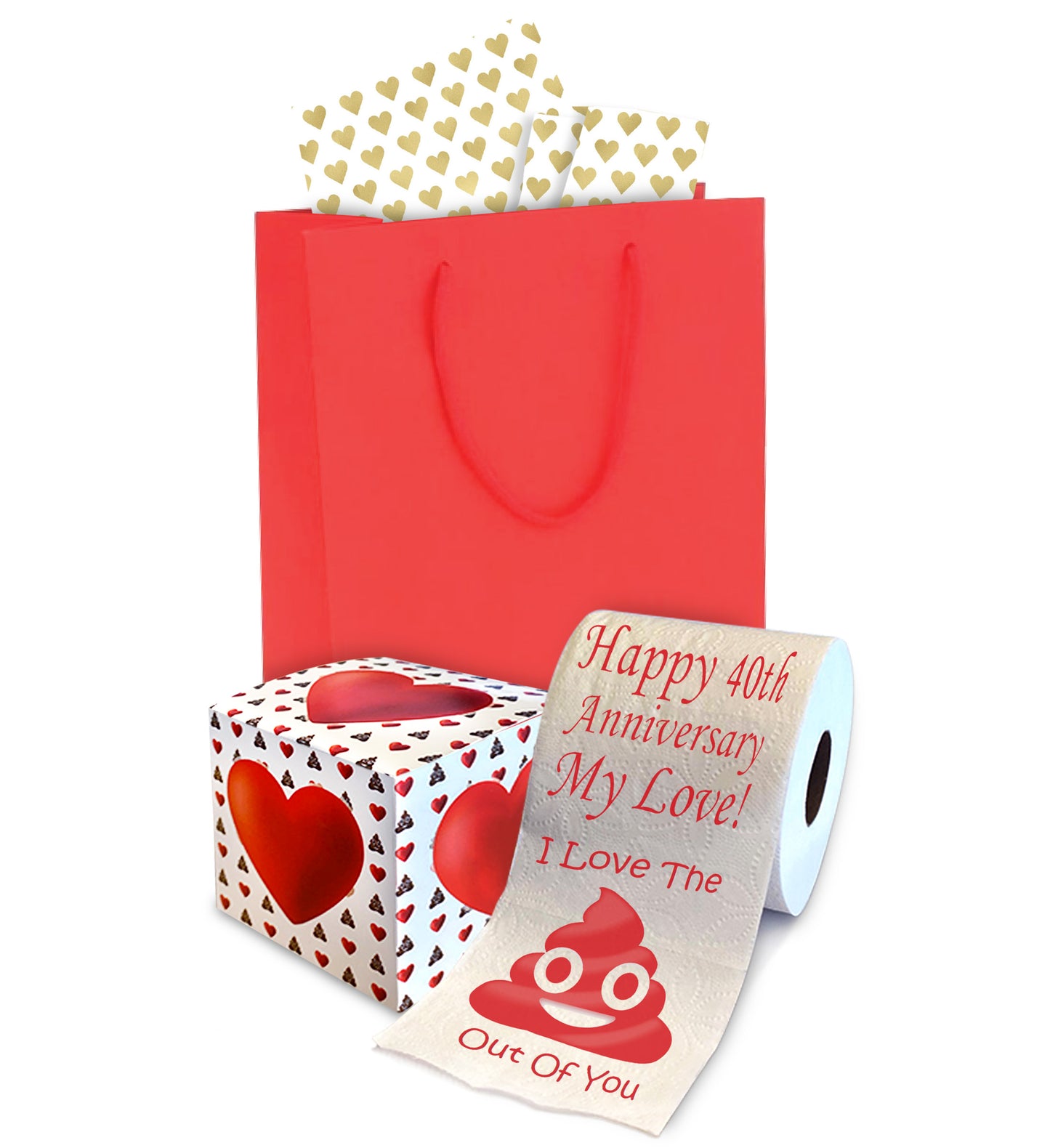 Red Gift Bag with Gold Heart Tissue Paper