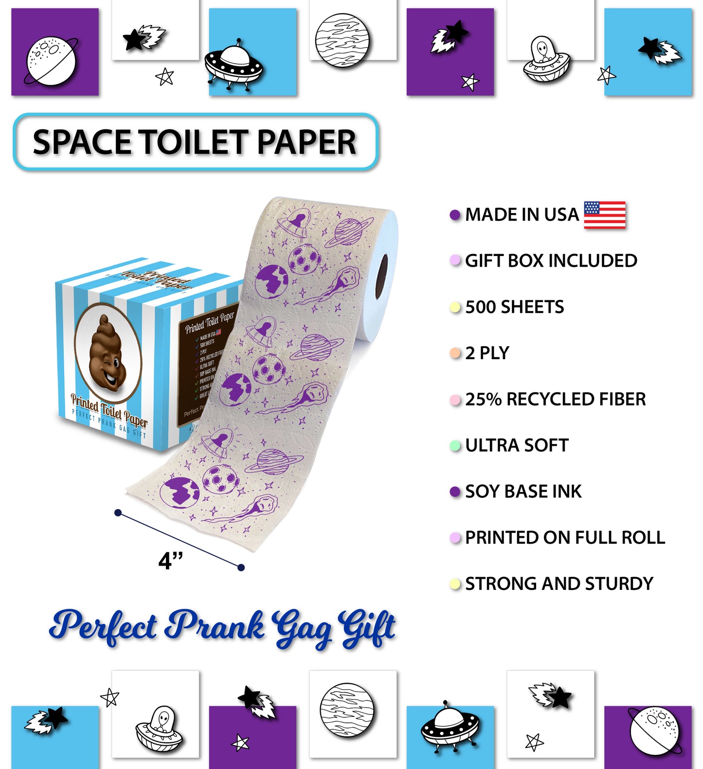 Printed TP Space Pattern 2 Ply Toilet Paper Bathroom Tissue Paper - 500 Sheets