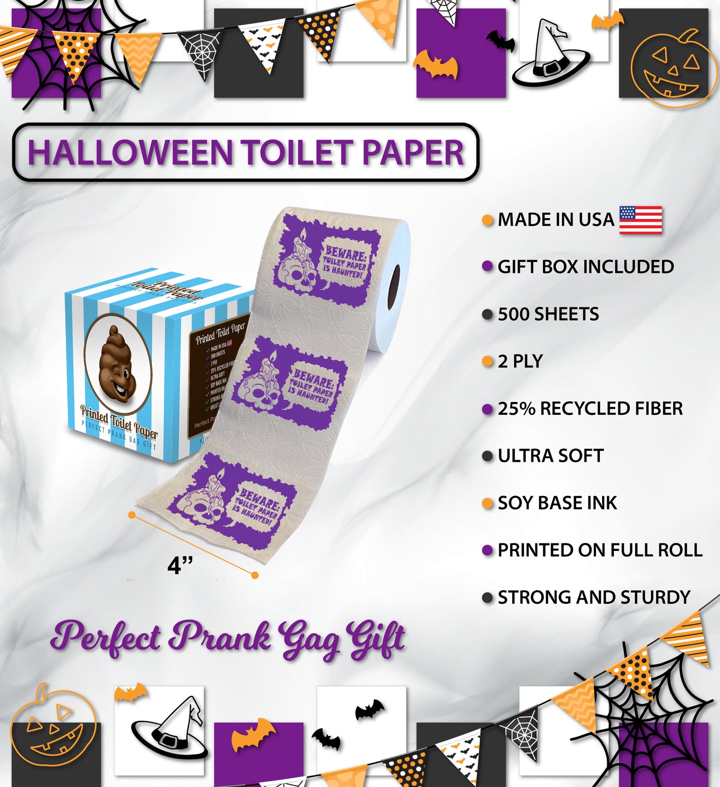 Printed TP Halloween Beware: Toilet Paper is Haunted Funny Gag Gift – 500 Sheet
