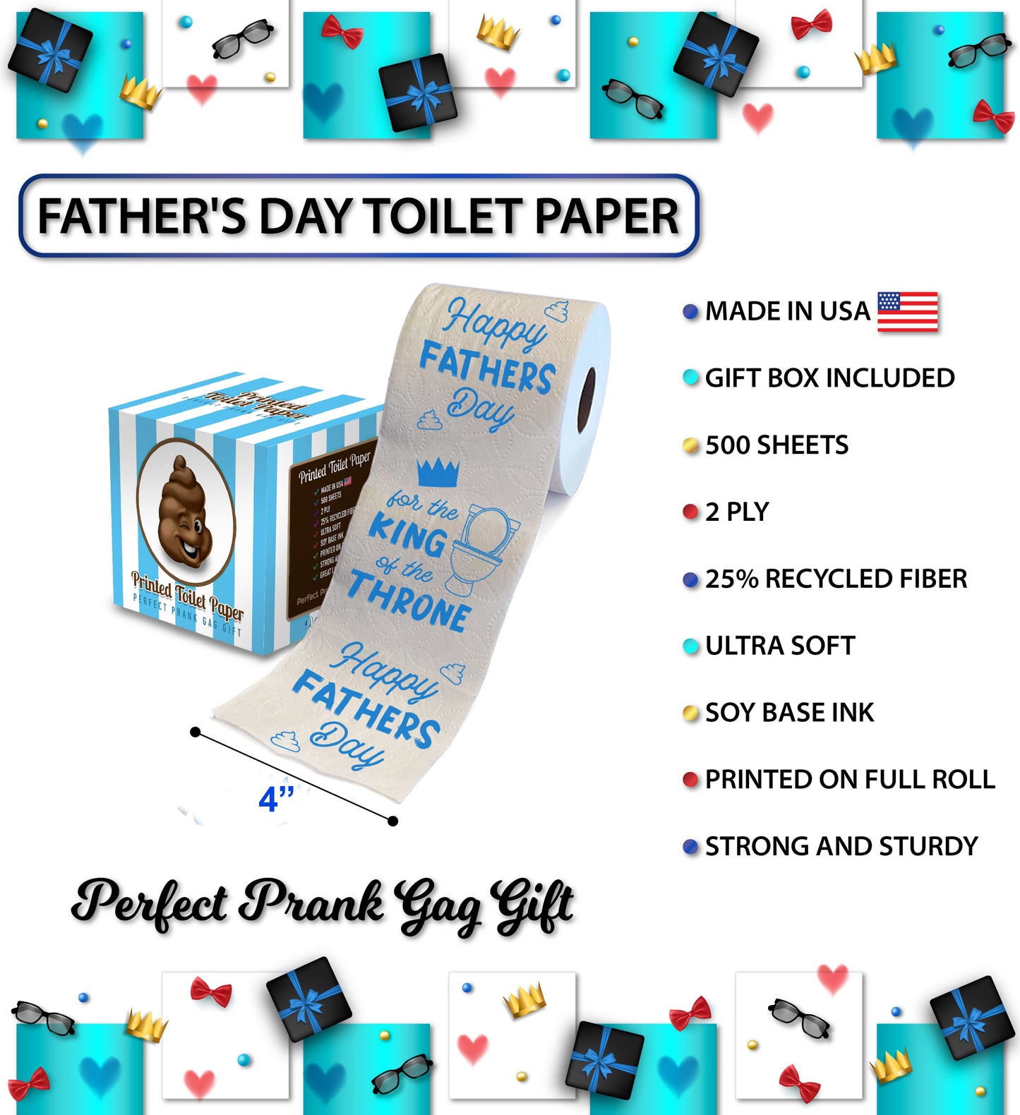 Printed TP Happy Fathers Day For the King of the Throne Toilet Paper, 500 Sheet