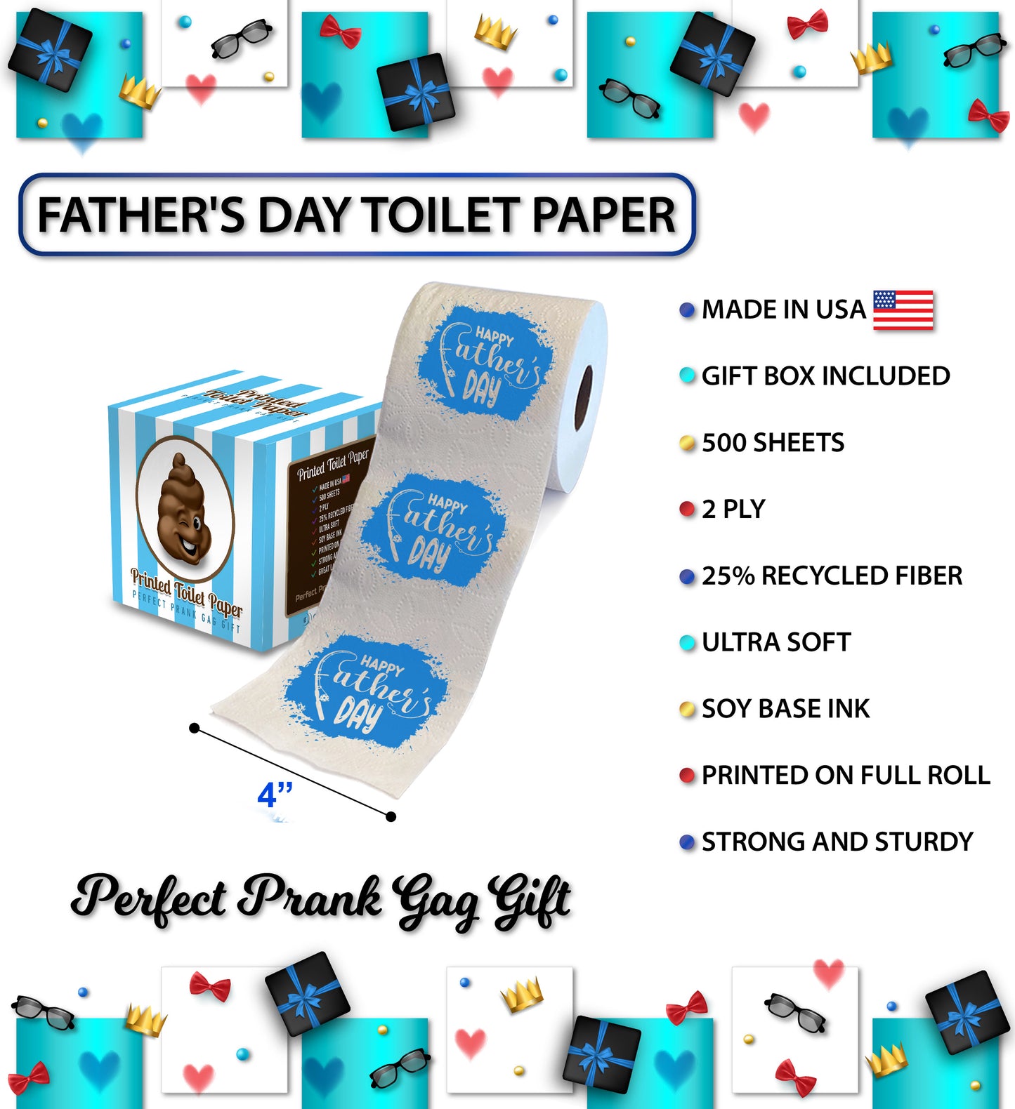 Printed TP Happy Fathers Day Fishing Rod Cartoon Toilet Paper Roll – 500 Sheets